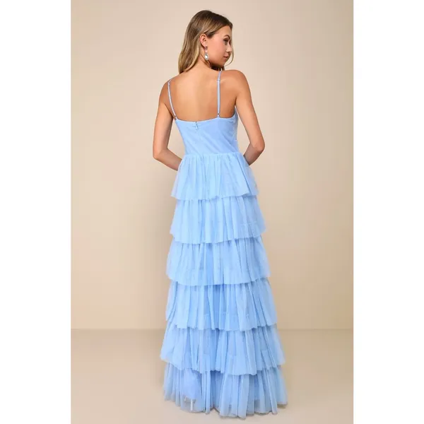 NWT Lulus Rule the Runway Light Blue Tulle Surplice Tiered Maxi Dress Gala Sz M - Image 3