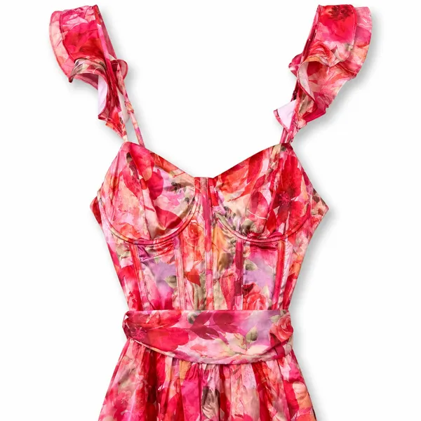 NEW Lulus Sweet Like Sangria Pink Floral Ruffled Bustier Tie Midi Dress Small - Image 7