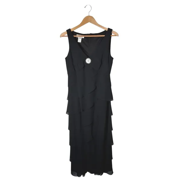Patra Tiered Ruffle Dress Women 8 Black Rhinestone Brooch Maxi Cocktail Party - Image 2