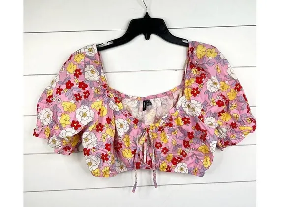 Vero Moda Pink Floral Print Puff Sleeve Tie Front Crop Blouse Size XL - Image 2
