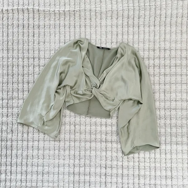 Zara Green Satin Bell Sleeve Crop Blouse with Tie Front - Image 3