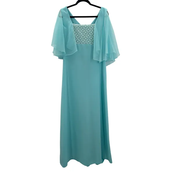Vintage Miss Rubette Blue Chiffon‎ Cape Embroidered Lace Maxi Dress 16 Mod Twee - Image 2