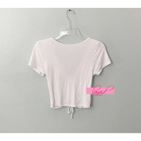Ambiance Apparel Ruched Scrunched V-Neck Short Sleeve Drawstring Gathered Cropped Tee Crop Top S - Image 3