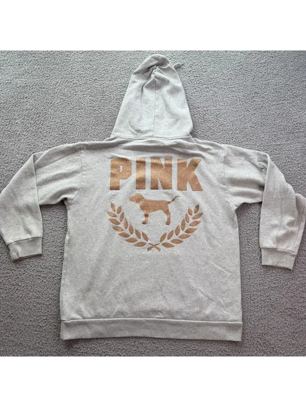 PINK Victoria’s Secret Hoodie Women Medium Gray Glitter Logo Pullover Sweatshirt - Image 2