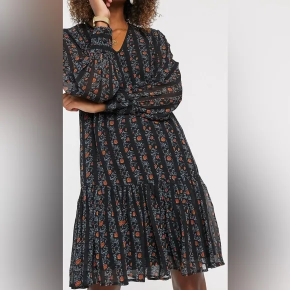 ASOS Y.A.S chiffon smock dress with drop hem mixed floral and stripes size S - Image 2