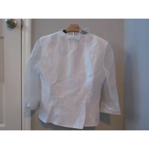 Alex‎ Evenings Ruffle Front Blouse Large White Sheer Organza Floral Jacquard - Image 2