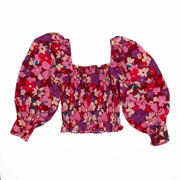 Free People Ariana Cotton Blend Smocked Bodice Puff Sleeve Party Combo Blouse XS - Image 4