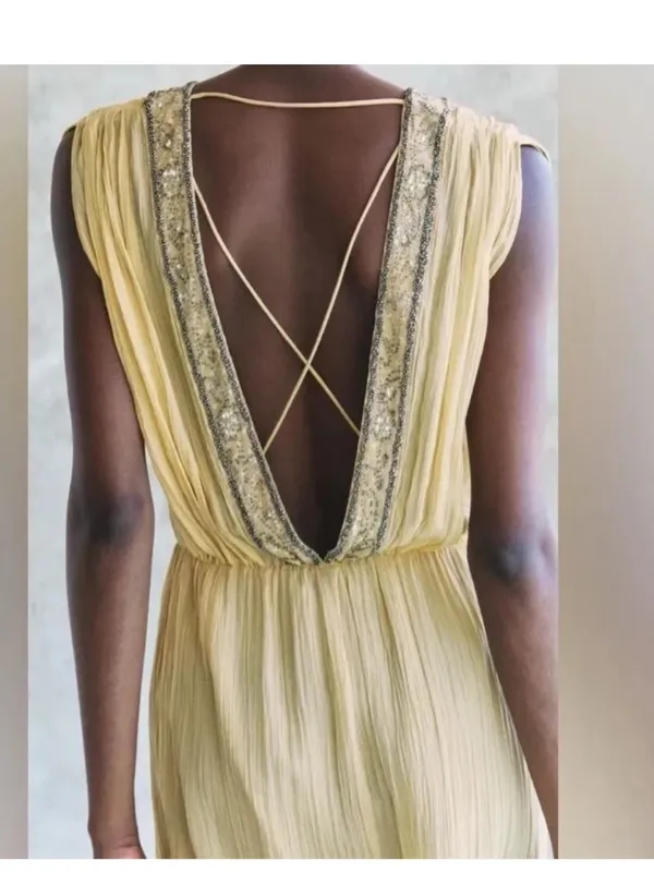 Zara NWT embellished beaded trim light yellow Sleeveless Maxi Dress - Image 9
