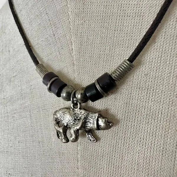 Silver tone bear pendant necklace on black cord - Image 2