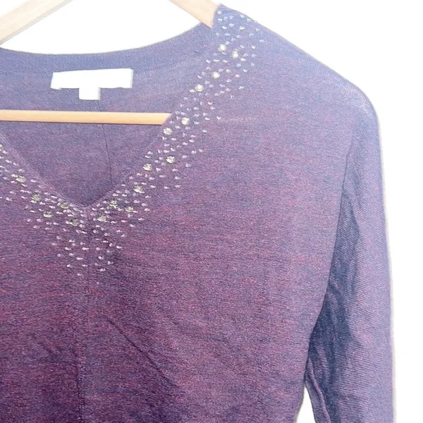 Loft Lightweight Maroon Beaded Long Sleeve Acrylic And Wool Blend V Neck Top - Image 2