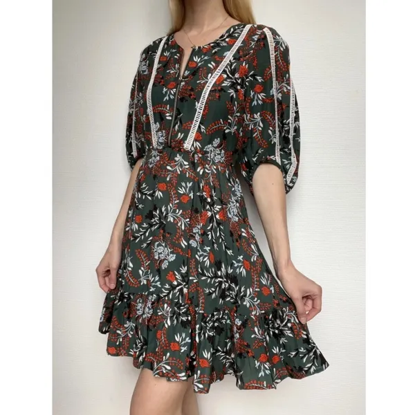 Maje Rubik‎ Imprime Floral Dress Womens 2 Small Green Red Boho Lace Trim V-Neck - Image 2