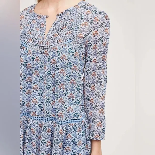 Holding Horses Anthropologie Blue Floral Babydoll‎ Mini Dress Crochet Trim - 10 - Image 3