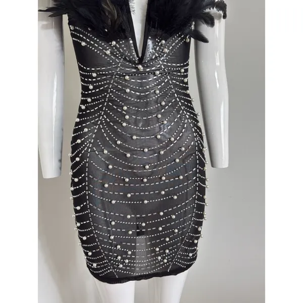 Beaded Pearl Sheer Feather Bust Dress Size Small Stretchy Bodycon Night Out - Image 7