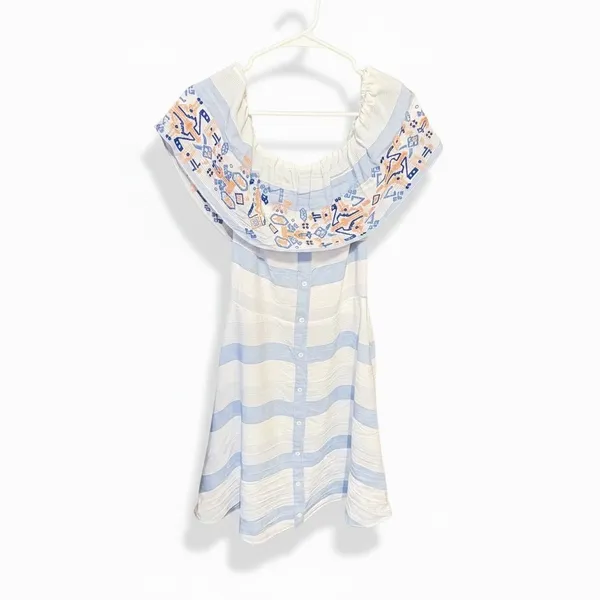 Sugarlips Embroidered Off Shoulder Striped Midi Dress Blue White D4843 Womens M - Image 2