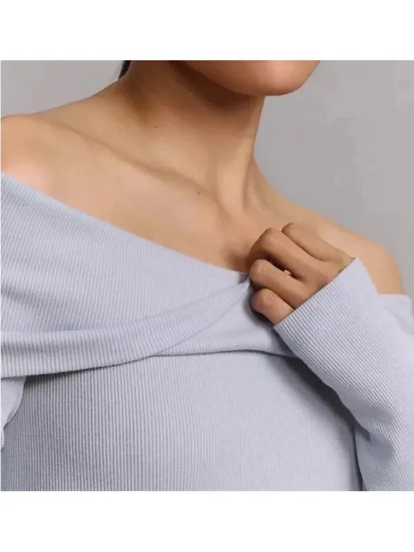 Pilcro Anthropologie Off The Shoulder Light Blue Micro Ribbed Long Sleeve‎ Top - Image 2