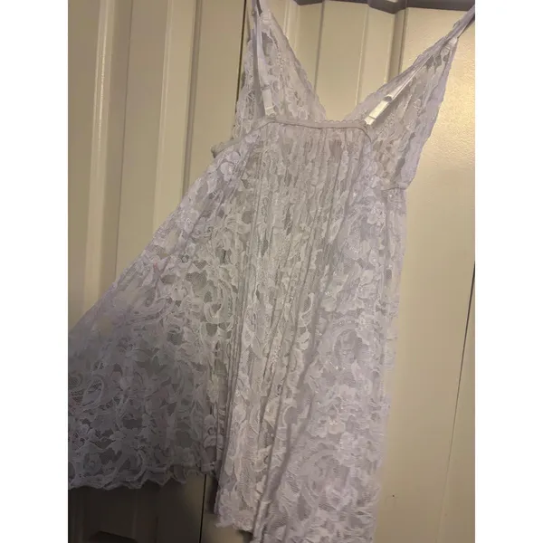 Vintage Fredericks of Hollywood White Lace Babydoll Chemise Pink Bow‎ Medium - Image 4