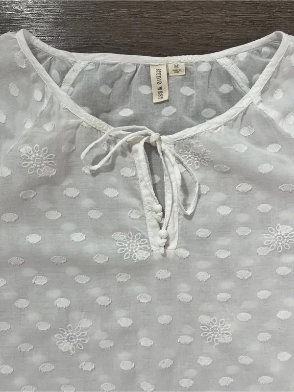 Studio West 100% Cotton Eyelet Swiss Dot Boho Peasant Blouse M White - Image 6