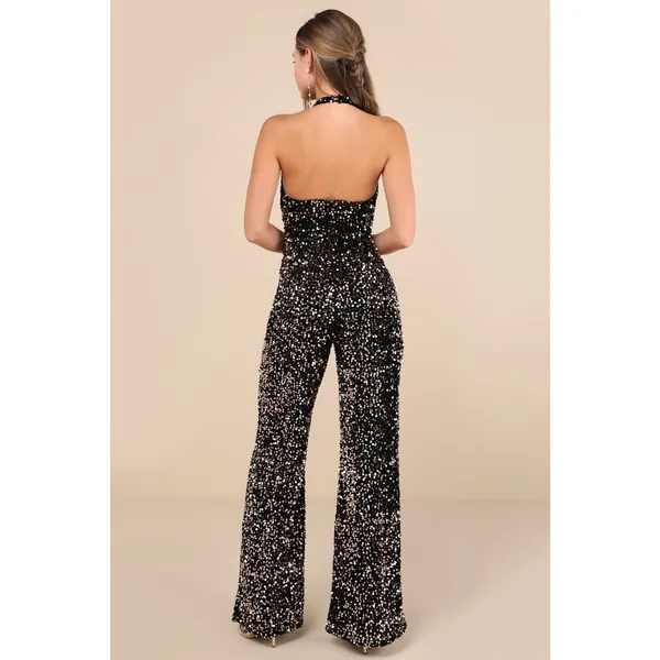 NWT Lulus Mesmerizing Diva Black Sequin Wide-Leg Halter Jumpsuit Party Size XS - Image 3
