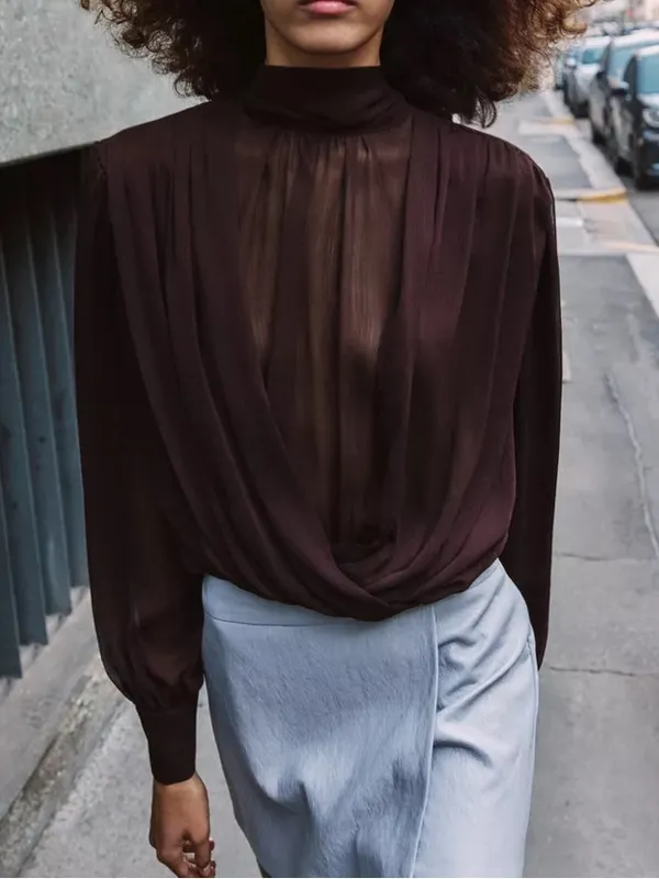 Zara NWT draped High-Neck Long-Sleeve mesh Blouse top Brown - Image 7