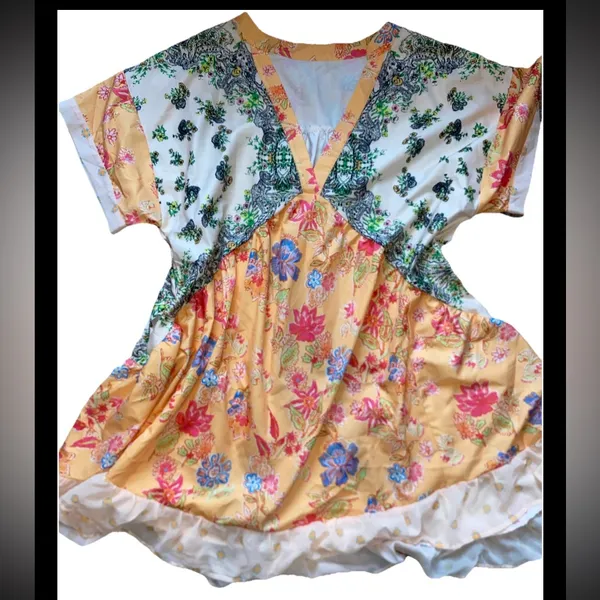 Boho Patchwork Floral Prairie Dress L Cottagecore Babydoll Ruffle Hem Pockets - Image 5