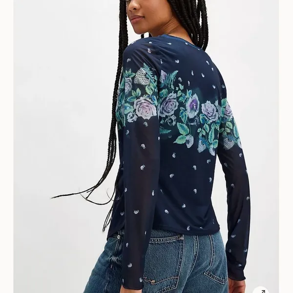 Free people Blue Floral Print Button Down Sheer/Mesh(Size Small) - Image 2