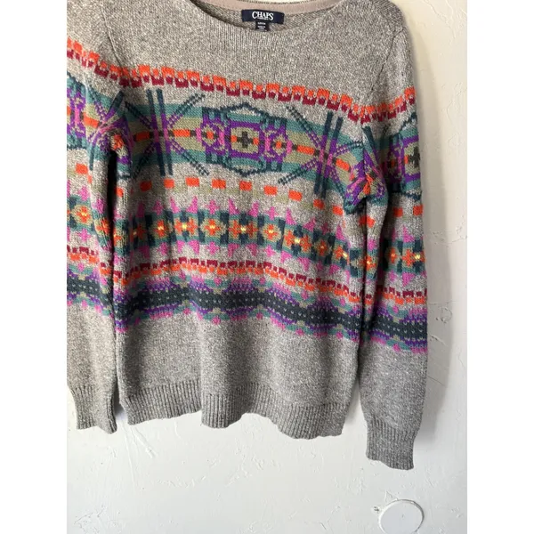 Chaps Sweater Womens Small‎ Fair Isle Pullover Crewneck Cotton Blend Colorful - Image 3