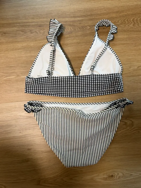 aerie Black & White Gingham Bikini Set with Striped Bottoms - Image 2
