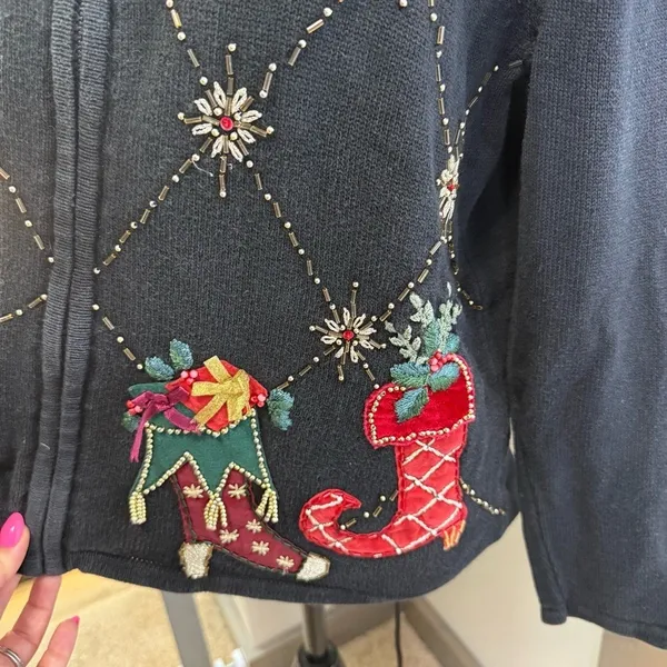 Vintage Tiara Holiday Christmas Zip Up Sweater Cardigan Ugly Sweater Holiday S - Image 3