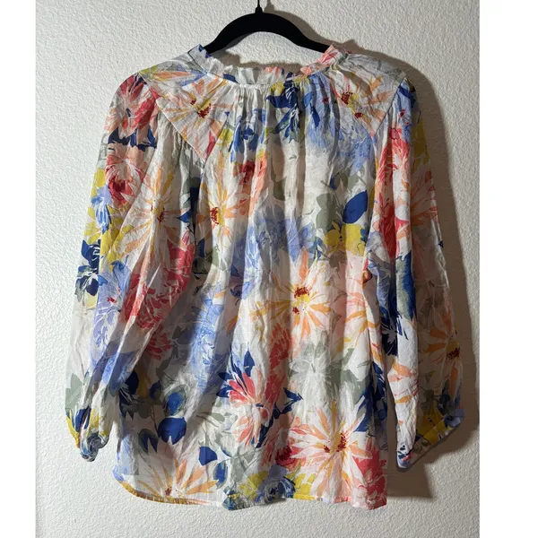 Vince Camuto Size M Pastel Multicolor Floral Split Tie-Neck Long Sleeve Top - Image 2