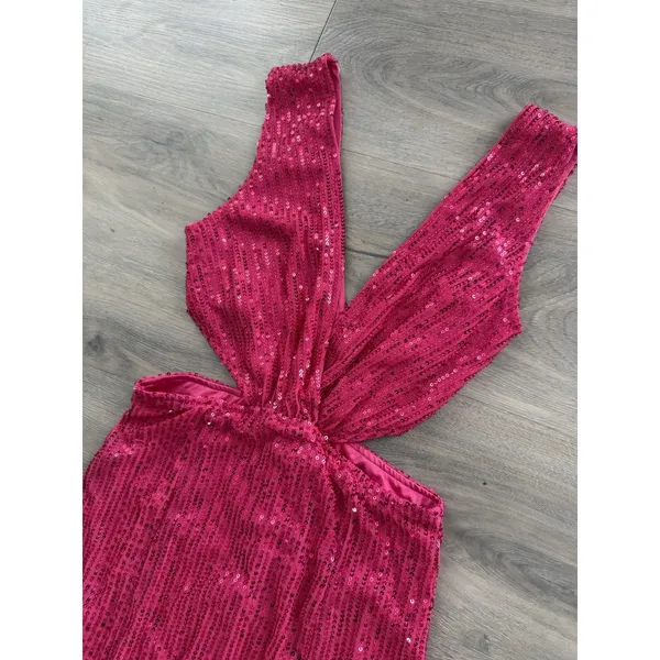 Just Quella Women's Hot Pink Sequins Deep V Neck Side Cutouts Long Formal Dress Size 0-2 - Image 4