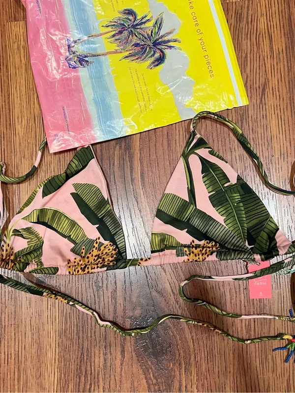Farm Rio Banana Leaves Pink Triangle Bikini Top NWT Size S Tropical Swim - Image 10