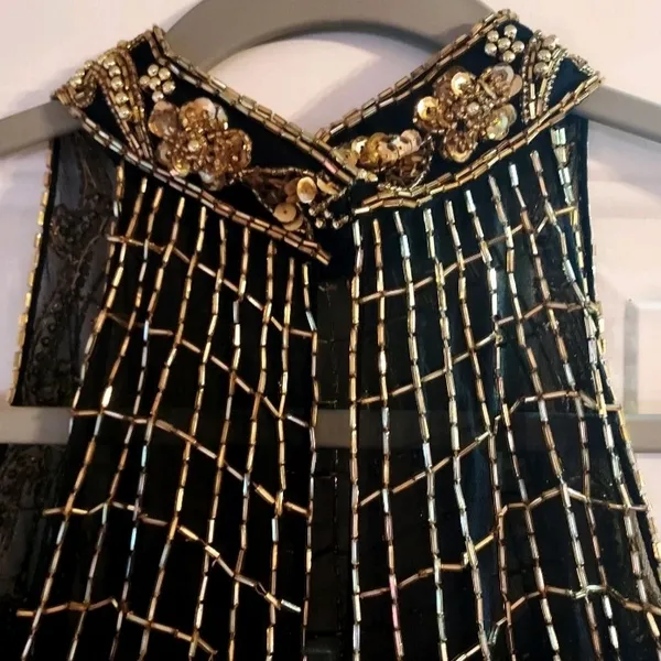Ted LapidusBlack and Gold Strapless High Neck All Over Beaded Evening Gown Dress - Image 8