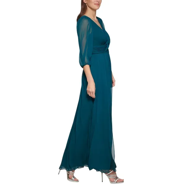 DKNY Chiffon Balloon-Sleeve Faux Wrap Side Slit Maxi Dress Forest Green 8 - Image 9