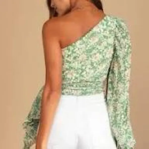 Lulu’s Grow Toward Love Green Floral Print Pleated One-Shoulder Top - Image 2