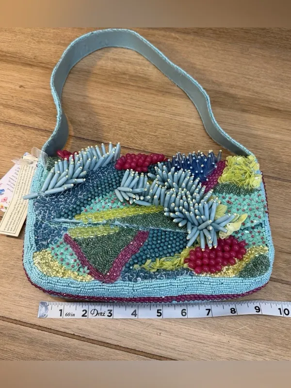 Handcrafted in India Beaded Coastal Coral Reef Shoulder Handbag Purse Teal Aqua - Image 10