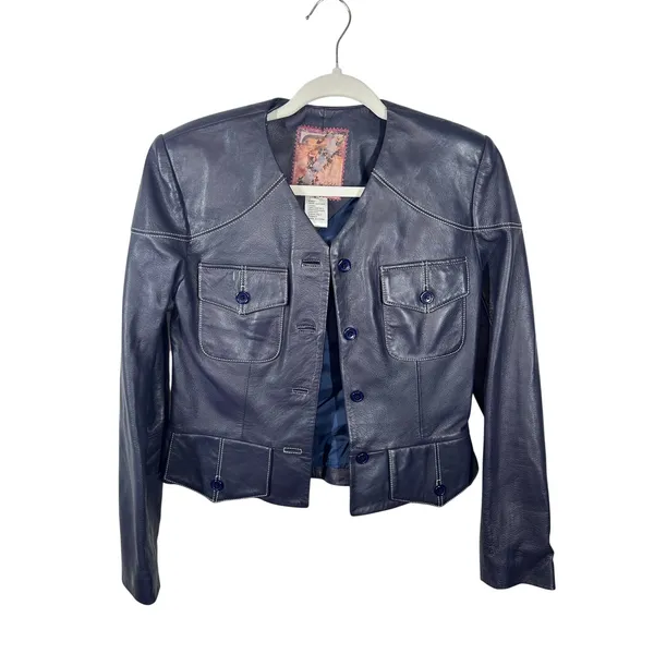 Vintage Zelda Genuine Lamb Leather Jacket Blue Violet Purple Cropped Blazer - Image 3