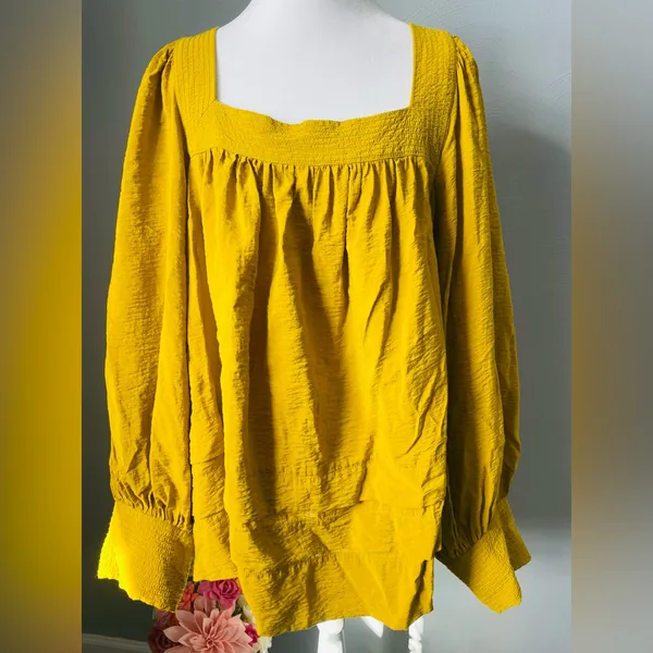 Anthropologie Maeve Boho Smocked Sleeve Square Neck Blouse Gold/Mustard - Image 4