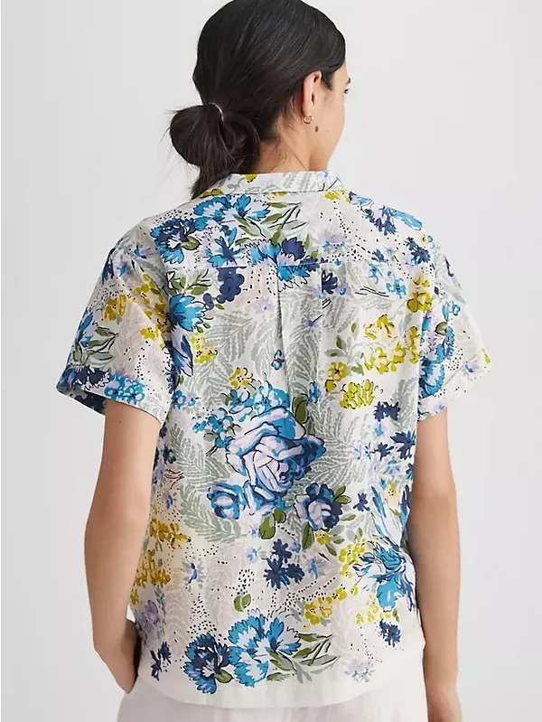 Anthropologie Printed Surf Shirt Short Sleeve Button Down Blue Floral Sz Large - Image 4