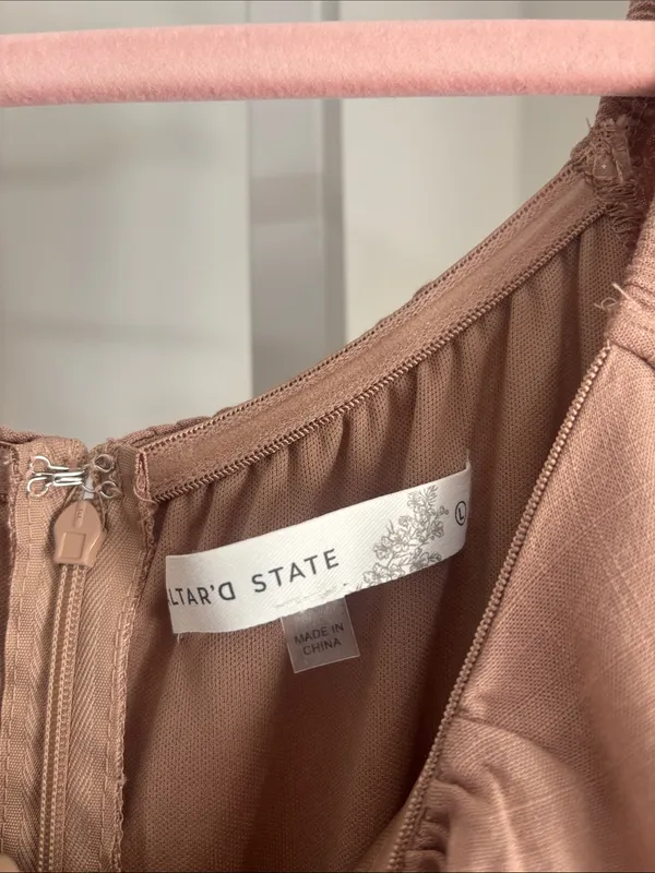 Altar'd State Taupe Haisley Double Layered Romper Mini Puff-Sleeve Tiered Size L - Image 5