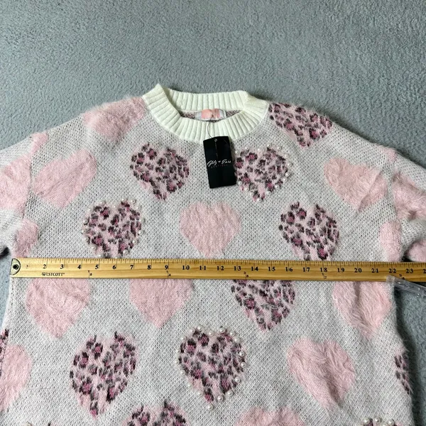 Glitz‎ & Ears Sweater Womens M Pink Cream Fuzzy Leopard Heart Pearl Sweater NEW - Image 9