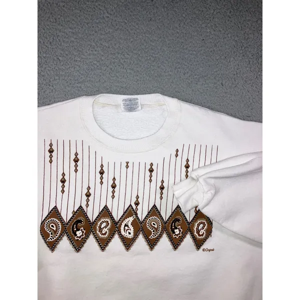 Vintage 90s Jerzees Sweatshirt Women XL White Paisley Geometric USA Made Grandma - Image 2