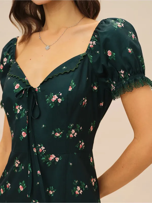 Rihoas Green Puffed Sleeve Floral Midi Dress - Image 2