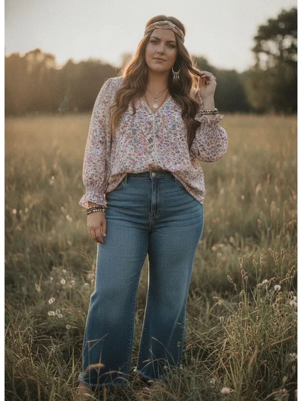 Davi & Dani Ditsy Floral Crochet Trim Blouse, Cream Multi, Plus Size 2XL - Image 9