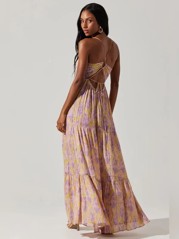 ASTR Minari Pleated Floral Maxi Dress Medium Purple Wedding Guest Garden Party - Image 3