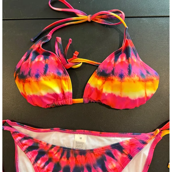 Womens Medium Bikini Set Pink Orange Tie Dye Triangle Top Side Tie‎ Bottom NEW - Image 2