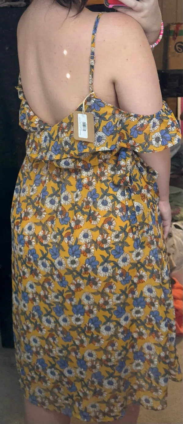 Love floral path mustard dress ruffle neck faux wrap dress 92534563 from glitzy girlz boutique NWT - Image 3