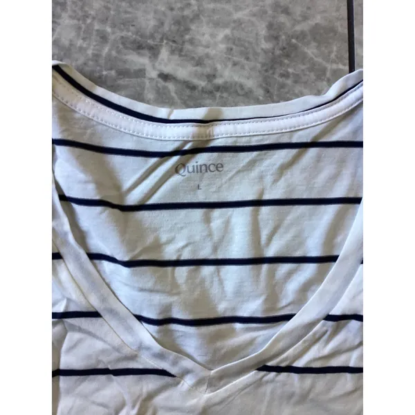 Quince NWOT Cotton Modal V-Neck Tee Ivory Black Stripe Short Sleeve Top L - Image 2