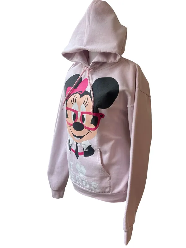 VTG Y2K Disneyland resort Minnie Mouse graphic hoodie pastel pink I love nerds M - Image 4