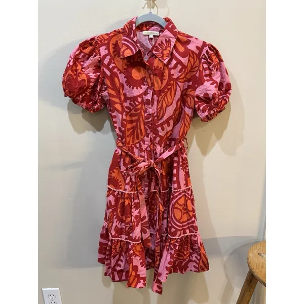 Kings Road Belted Tiered‎ Mini Dress Block Print Pink Red Size Small Shirtdress - Image 2