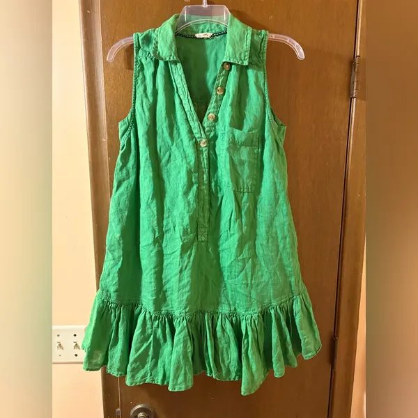 Anthropologie Pilcro Green Sleeveless Ruffle Hem Linen Mini Dress - Image 3